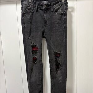 Judy Blue Jeans Size 1/25 Black Fade Mid Rise Denim Skinny Stretch Red Plaid EUC